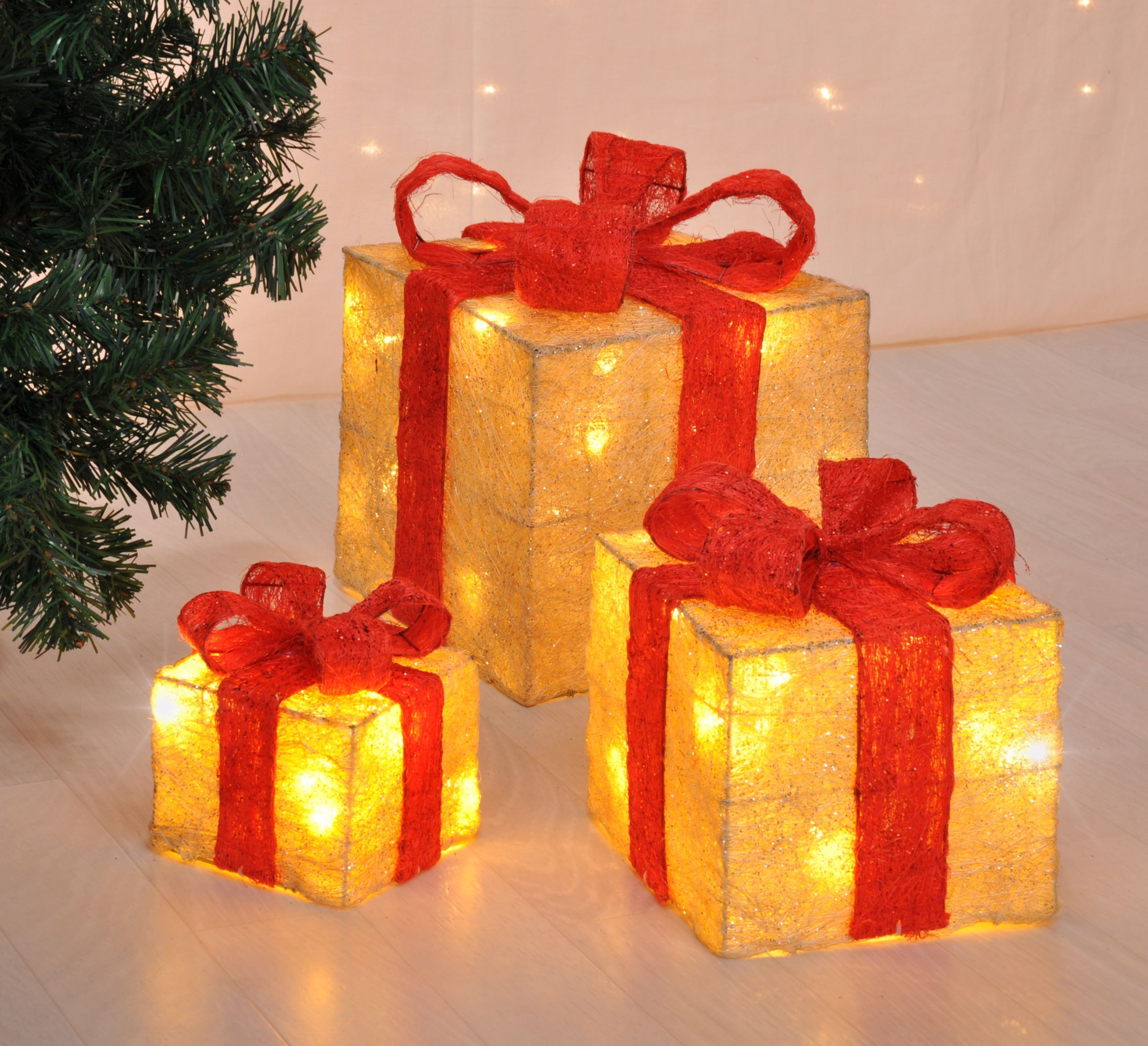 3er Set LED Geschenkbox mit Timer beige/rot