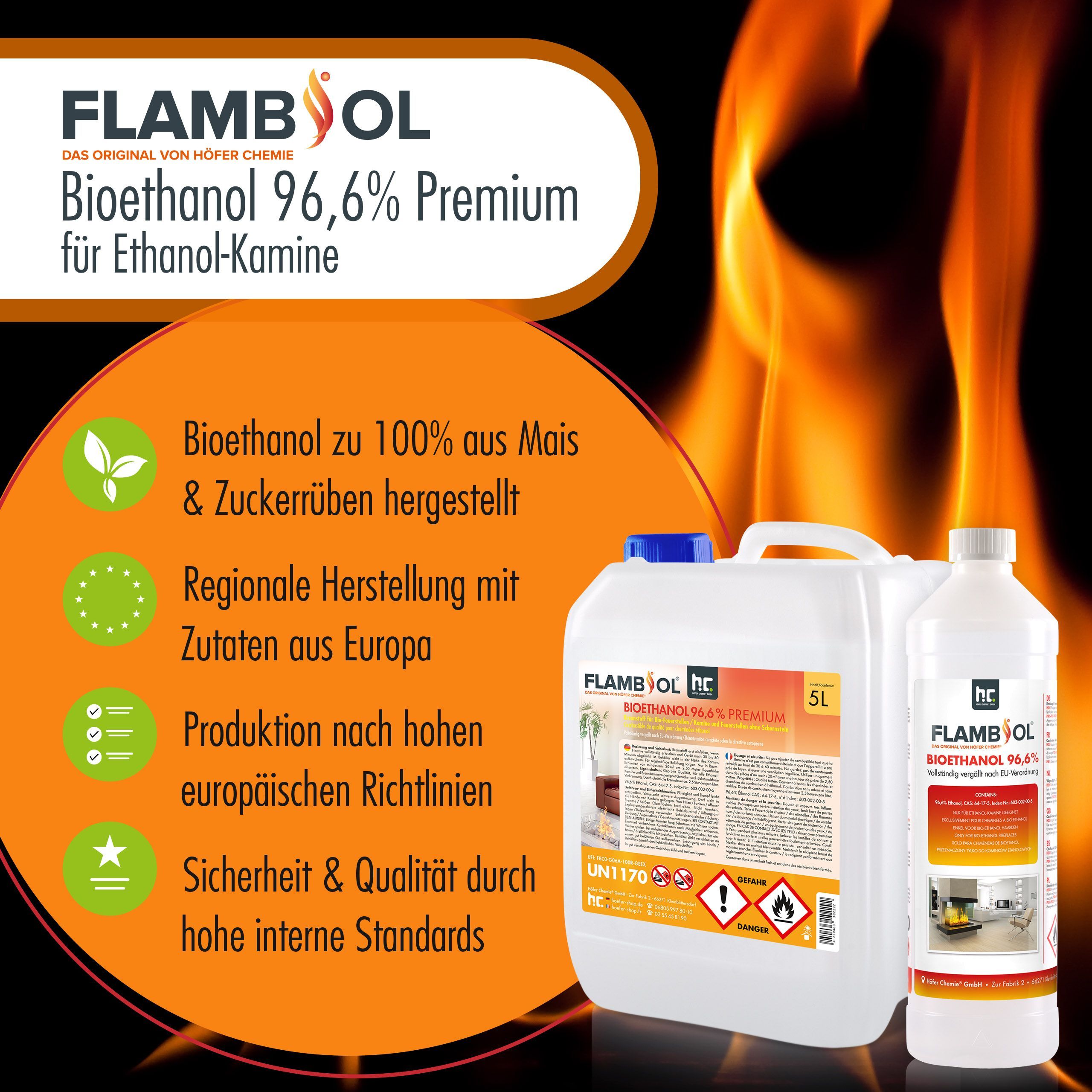 1 L FLAMBIOL® Bioethanol 96,6% Premium für Ethanol-Tischkamin in Flaschen