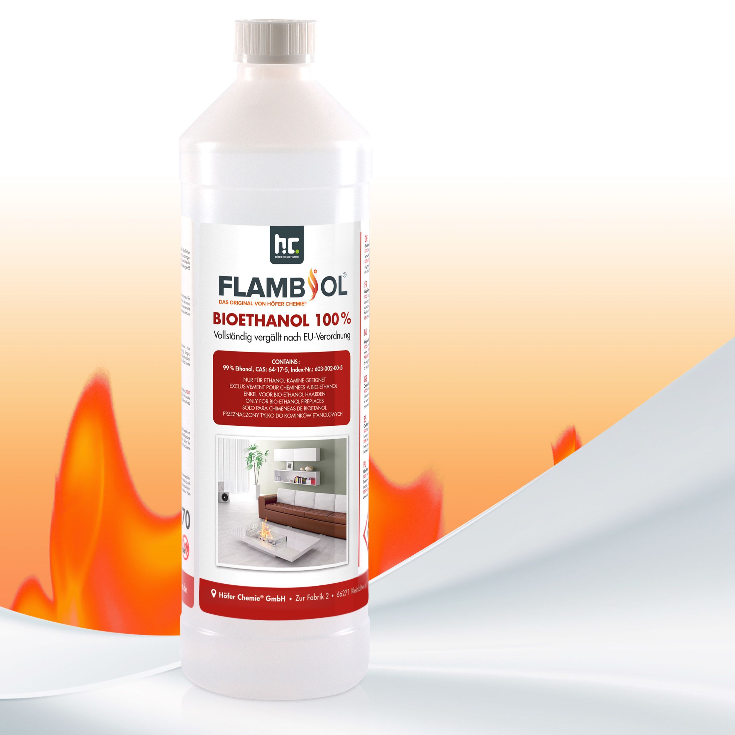 1 L FLAMBIOL® Bioethanol Hochrein 100 % in Flaschen für Edelstahl-Tisch-Kamine