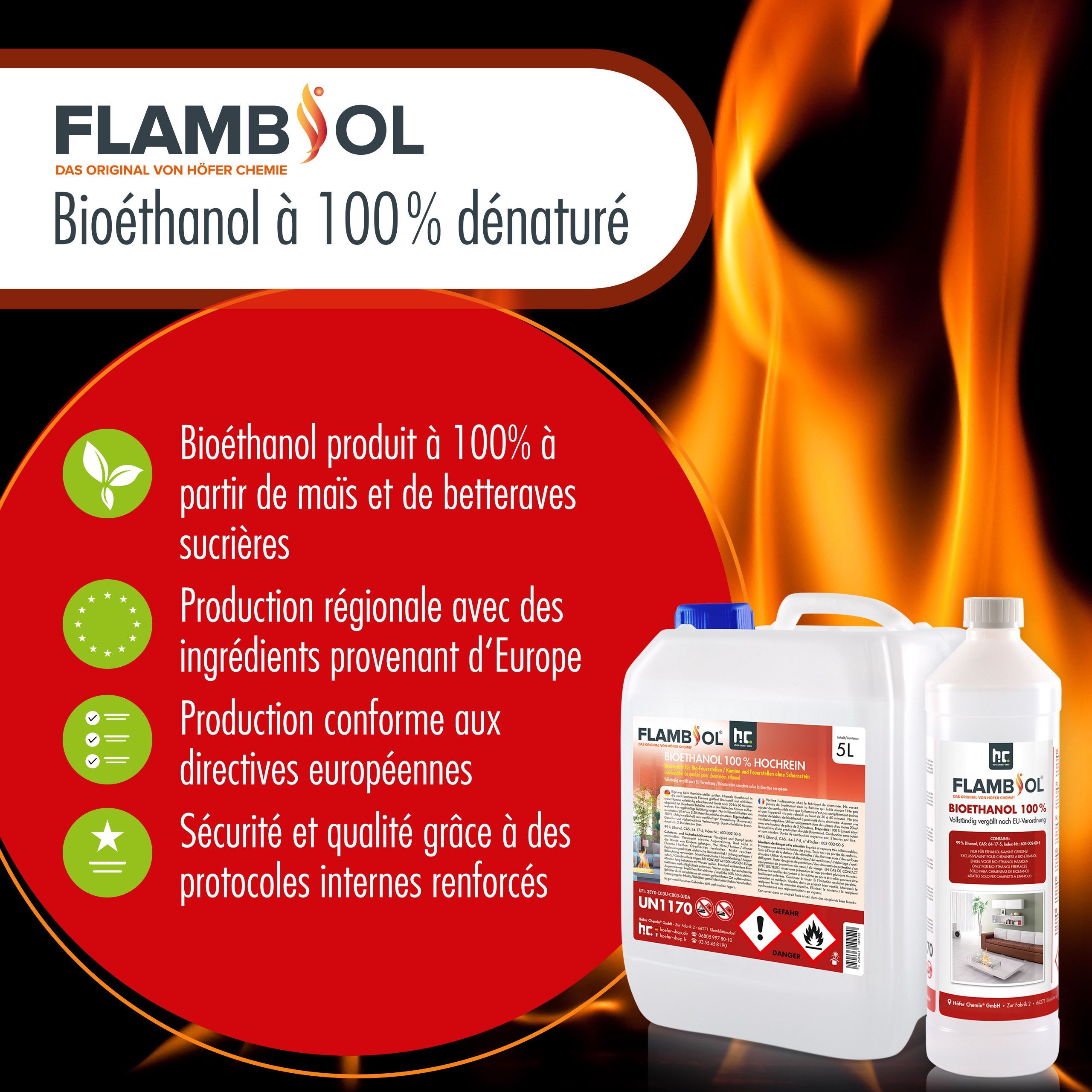 1 L FLAMBIOL® Bioethanol Hochrein 100 % in Flaschen für Edelstahl-Tisch-Kamine