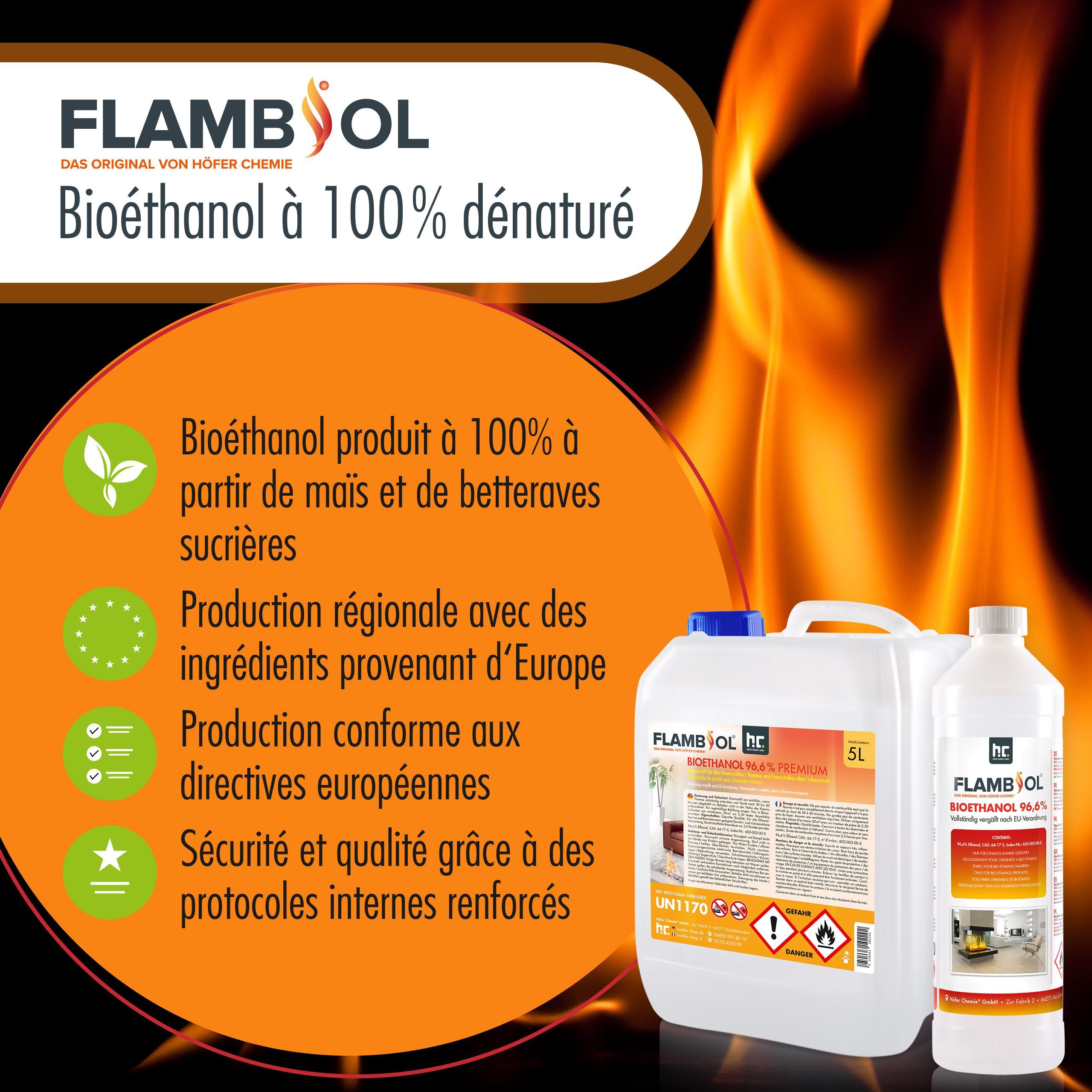 1 L FLAMBIOL® Bioethanol 96,6% Premium für Ethanol-Tischkamin in Flaschen