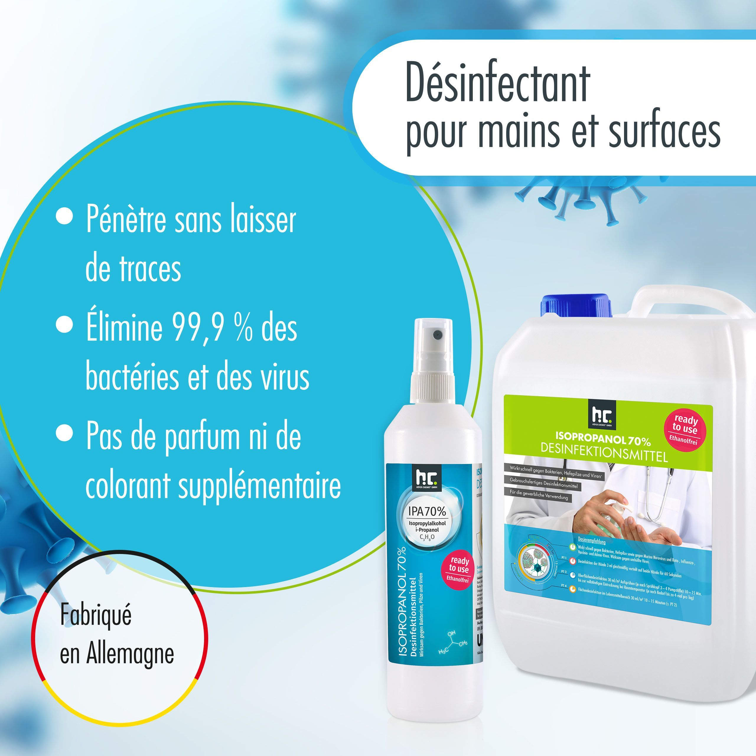 Desinfektionsmittel für Hände & Flächen in 250 ml Flaschen - anwendungsfertig